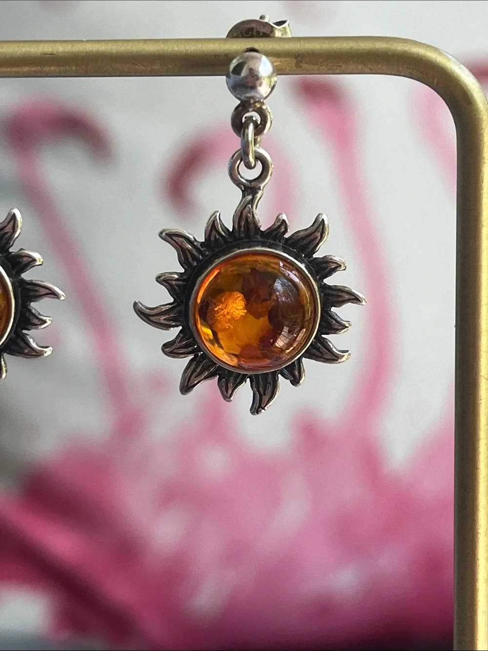 Sterling Silver Amber Sunburst Dangle Earrings - Picture 7 of 13